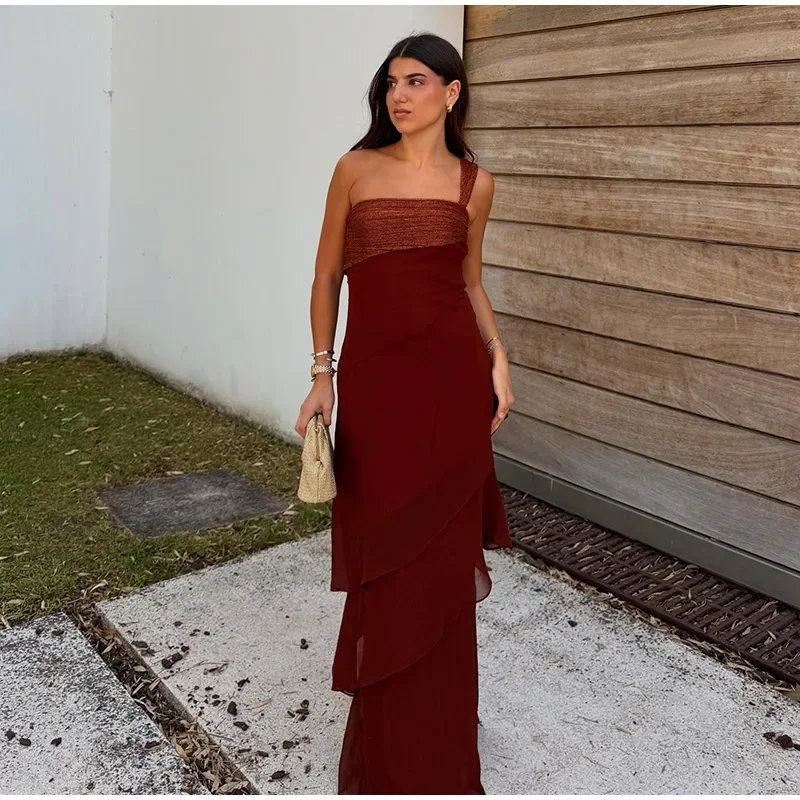 One-shoulder Shiny Chiffon Dress for Women Slim Sleeveless Cascading Ruffle Maxi Dresses 2026 Summer Vacation Party Lady Robes