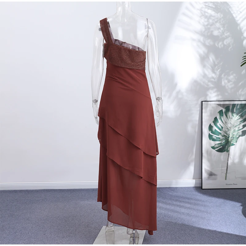 One-shoulder Shiny Chiffon Dress for Women Slim Sleeveless Cascading Ruffle Maxi Dresses 2026 Summer Vacation Party Lady Robes