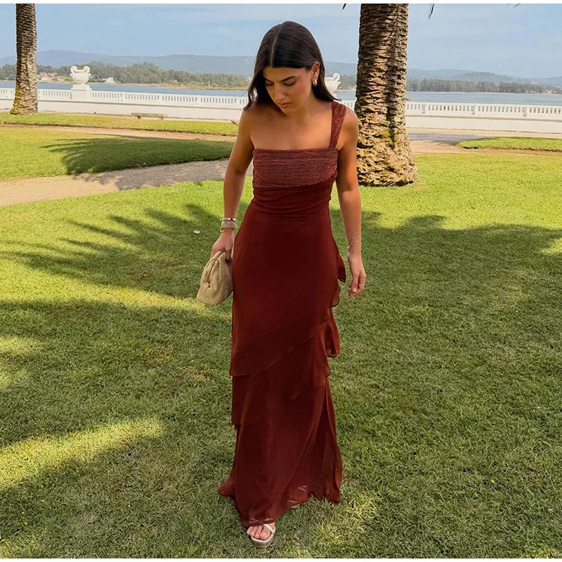 One-shoulder Shiny Chiffon Dress for Women Slim Sleeveless Cascading Ruffle Maxi Dresses 2026 Summer Vacation Party Lady Robes