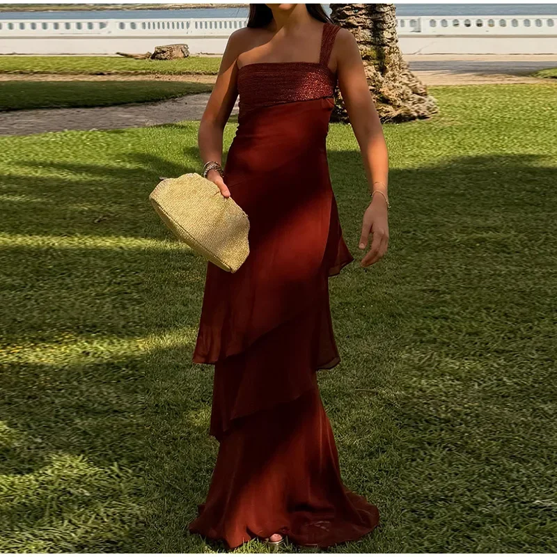 One-shoulder Shiny Chiffon Dress for Women Slim Sleeveless Cascading Ruffle Maxi Dresses 2026 Summer Vacation Party Lady Robes