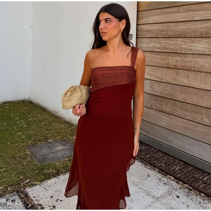 One-shoulder Shiny Chiffon Dress for Women Slim Sleeveless Cascading Ruffle Maxi Dresses 2026 Summer Vacation Party Lady Robes