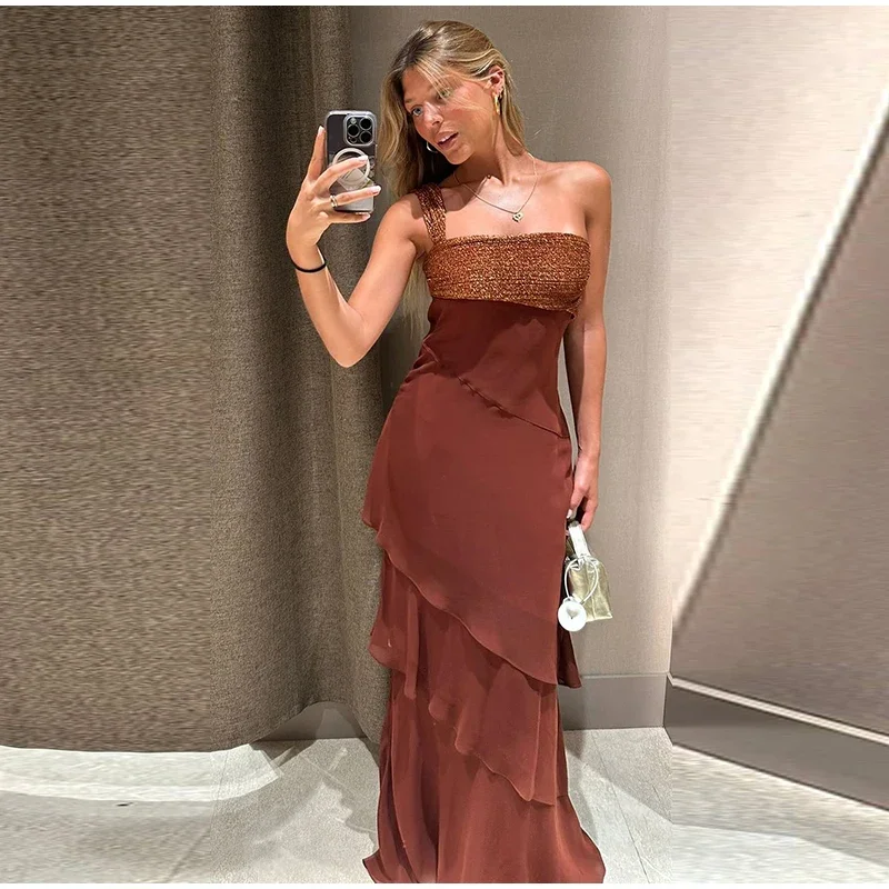 One-shoulder Shiny Chiffon Dress for Women Slim Sleeveless Cascading Ruffle Maxi Dresses 2026 Summer Vacation Party Lady Robes
