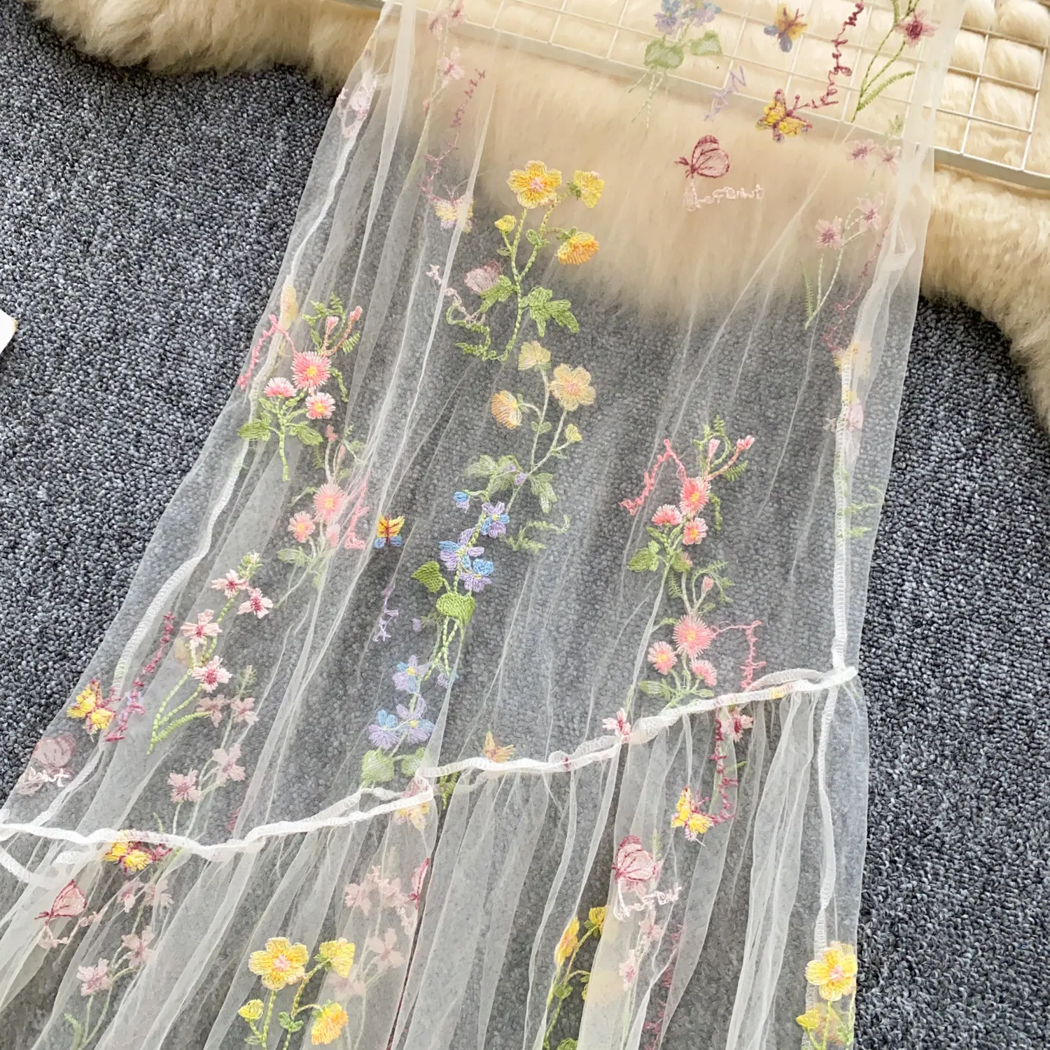 SINGREINY Holiday Floral Embroidery Long Dress 2026 Women O Neck Sleeveless Loose Irregular Summer French Mesh Bohemian Sundress