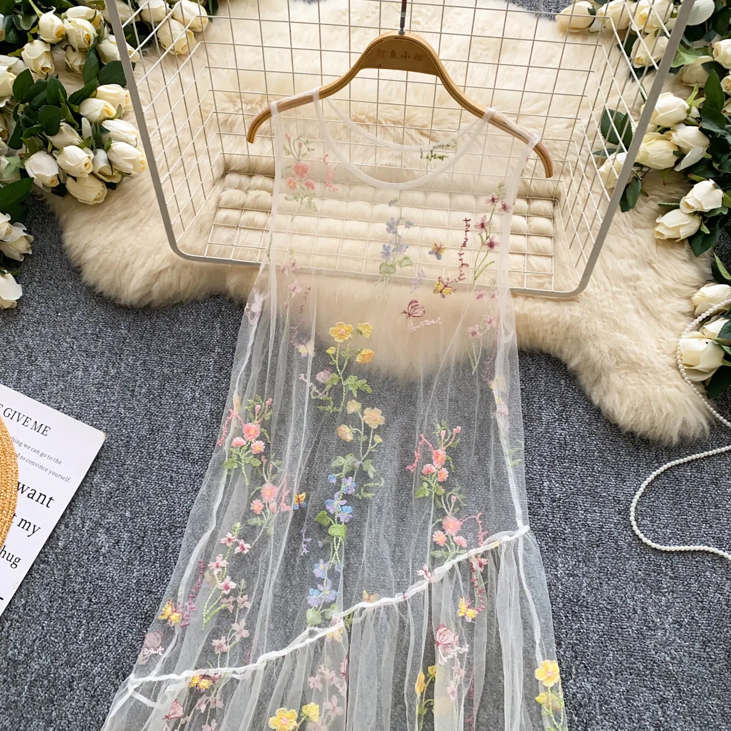 SINGREINY Holiday Floral Embroidery Long Dress 2026 Women O Neck Sleeveless Loose Irregular Summer French Mesh Bohemian Sundress