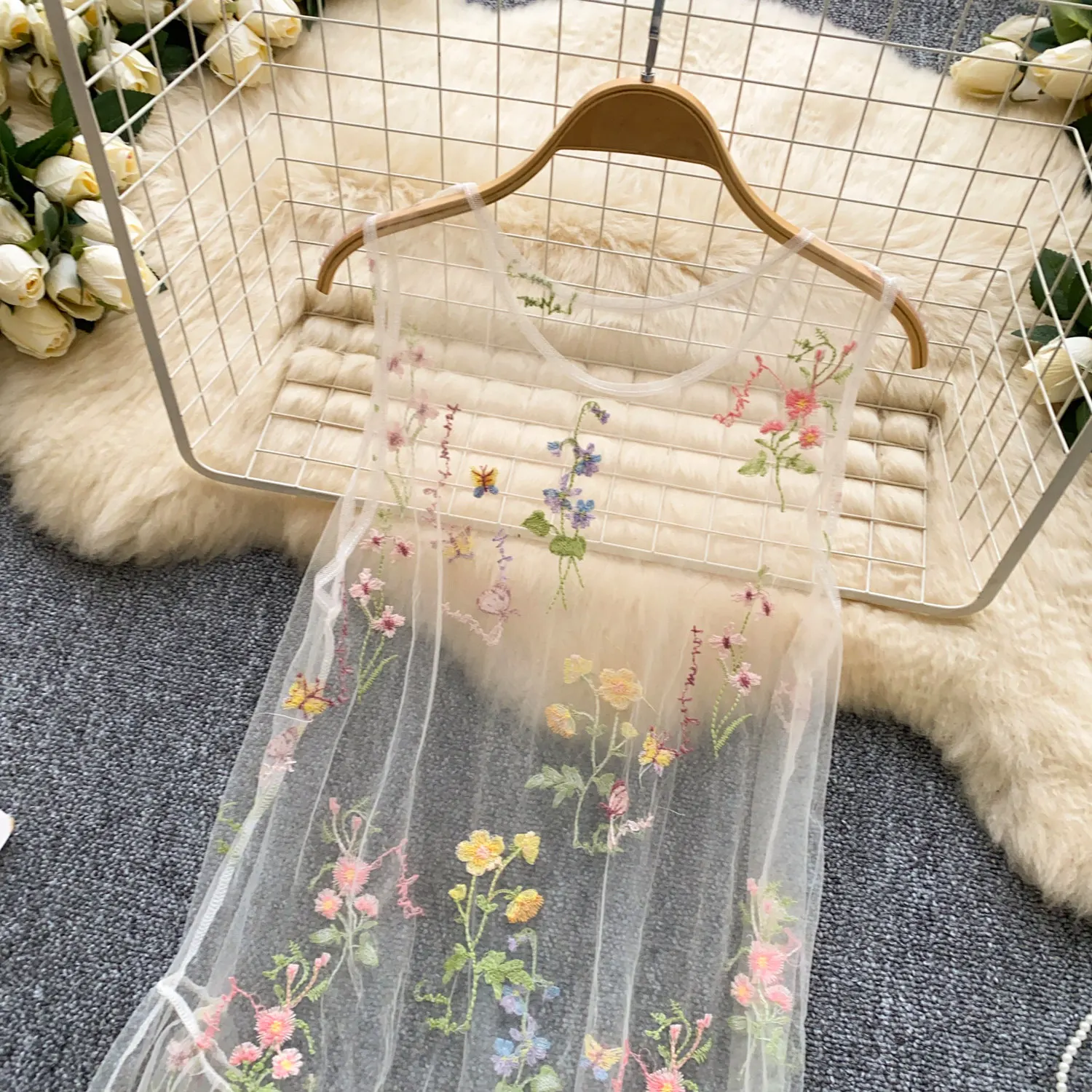 SINGREINY Holiday Floral Embroidery Long Dress 2026 Women O Neck Sleeveless Loose Irregular Summer French Mesh Bohemian Sundress