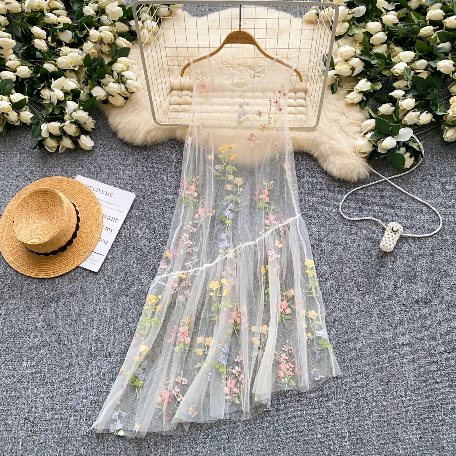 SINGREINY Holiday Floral Embroidery Long Dress 2026 Women O Neck Sleeveless Loose Irregular Summer French Mesh Bohemian Sundress