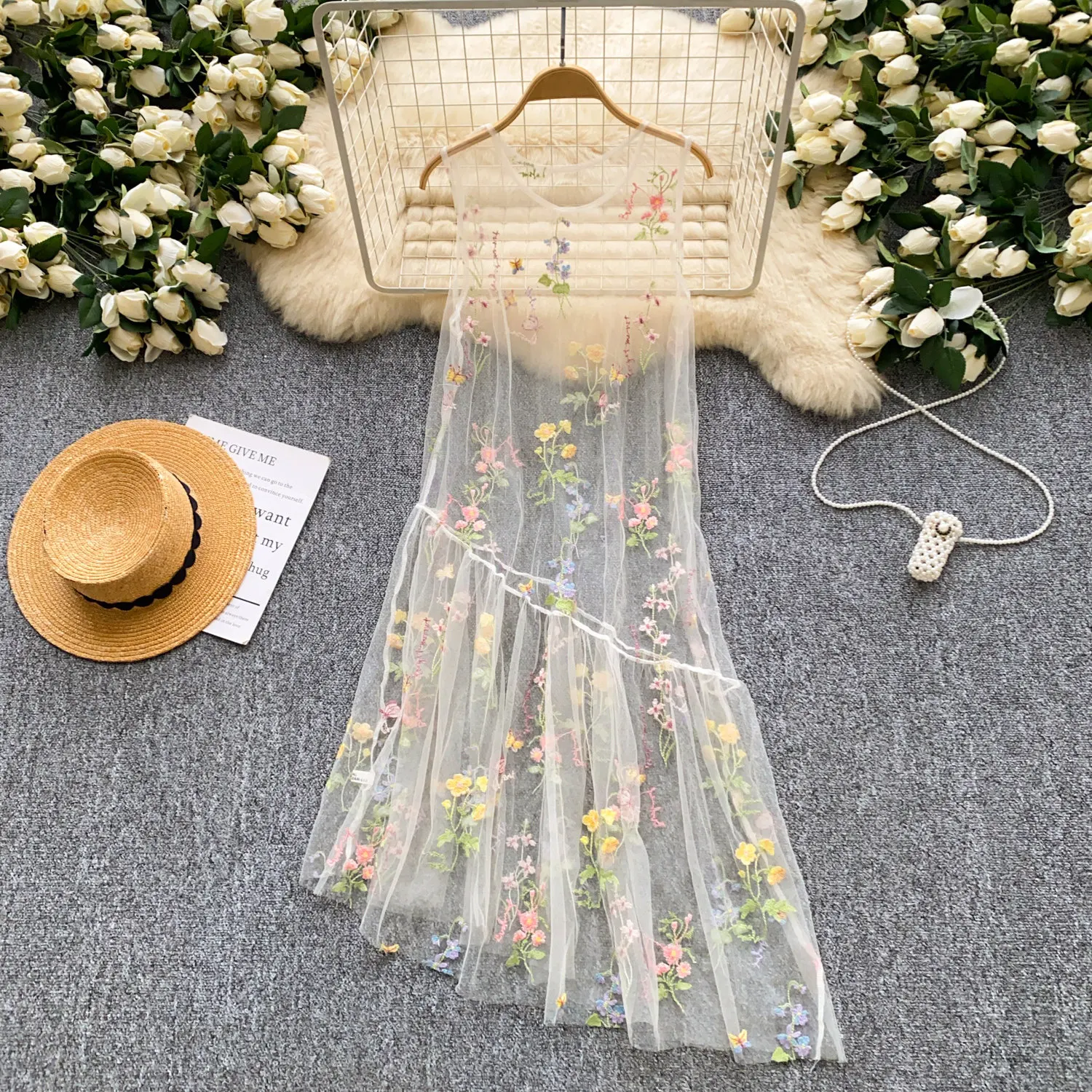 SINGREINY Holiday Floral Embroidery Long Dress 2026 Women O Neck Sleeveless Loose Irregular Summer French Mesh Bohemian Sundress