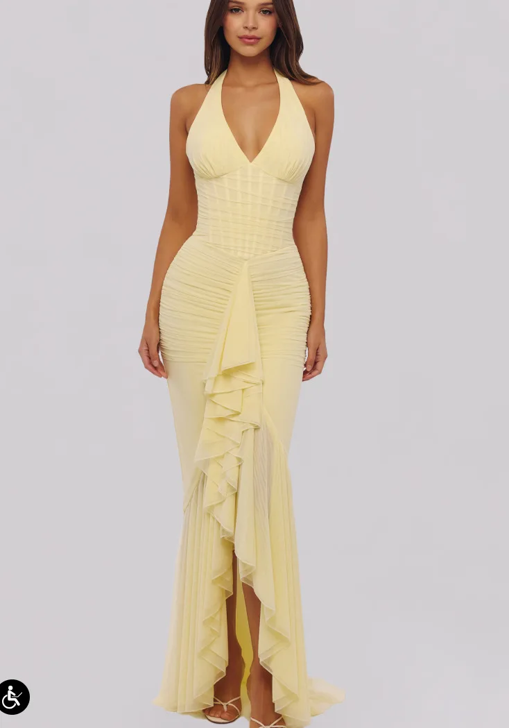 Yellow V Neck Halter Mermaid Maxi Dress Women's Sleeveless Ruffle Slit Long Dress 2026 Elegant Wedding Guest Evening Party Robes