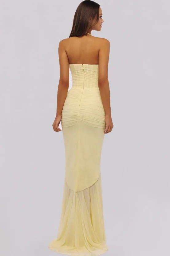 Yellow V Neck Halter Mermaid Maxi Dress Women's Sleeveless Ruffle Slit Long Dress 2026 Elegant Wedding Guest Evening Party Robes
