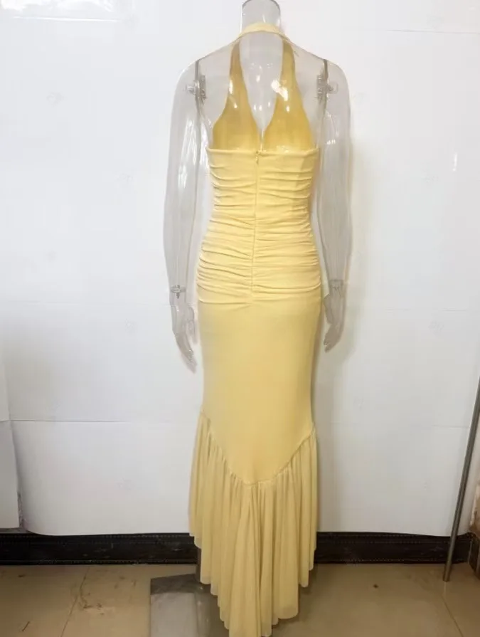 Yellow V Neck Halter Mermaid Maxi Dress Women's Sleeveless Ruffle Slit Long Dress 2026 Elegant Wedding Guest Evening Party Robes