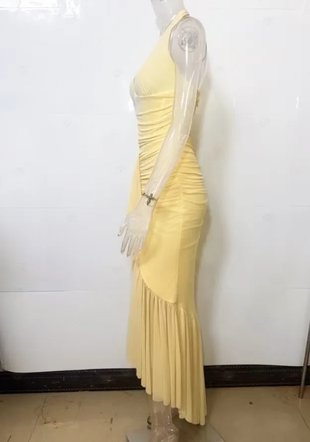 Yellow V Neck Halter Mermaid Maxi Dress Women's Sleeveless Ruffle Slit Long Dress 2026 Elegant Wedding Guest Evening Party Robes