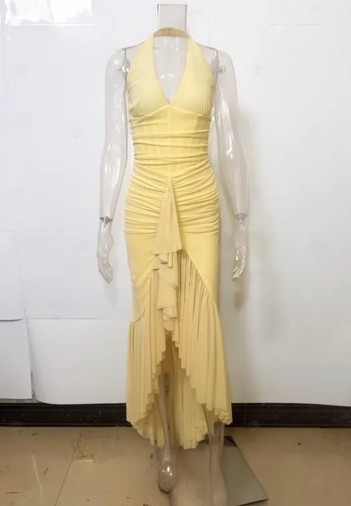 Yellow V Neck Halter Mermaid Maxi Dress Women's Sleeveless Ruffle Slit Long Dress 2026 Elegant Wedding Guest Evening Party Robes