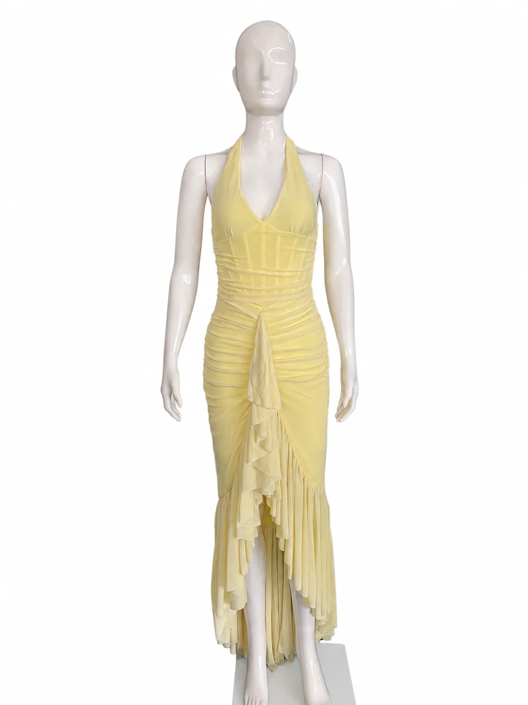 Yellow V Neck Halter Mermaid Maxi Dress Women's Sleeveless Ruffle Slit Long Dress 2026 Elegant Wedding Guest Evening Party Robes