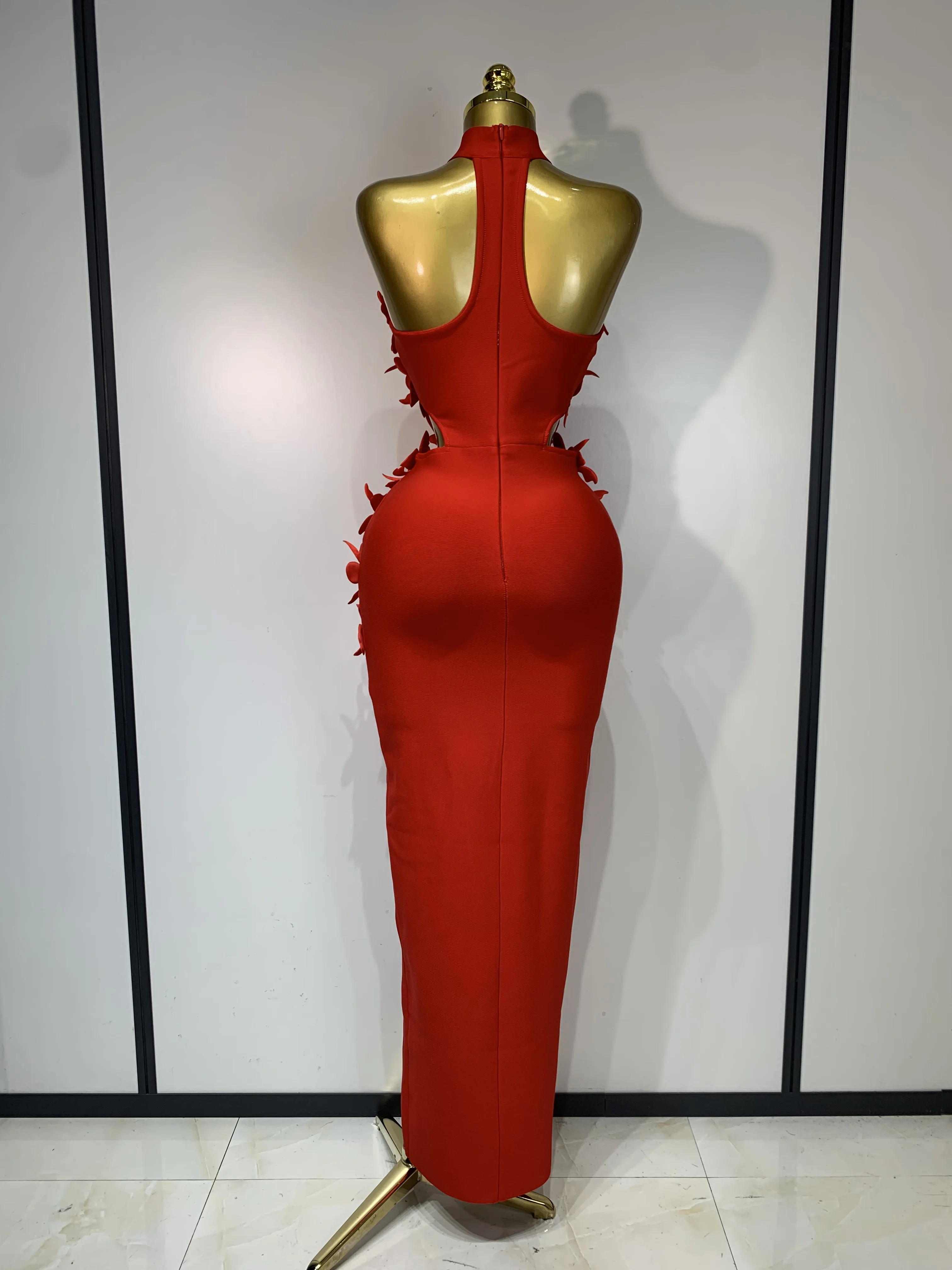 Women Sexy Sleeveless Flower Hollow Out Evening Party Bandage Dresses Red Knitted Bodycon Birthday Wedding Guest Clothing