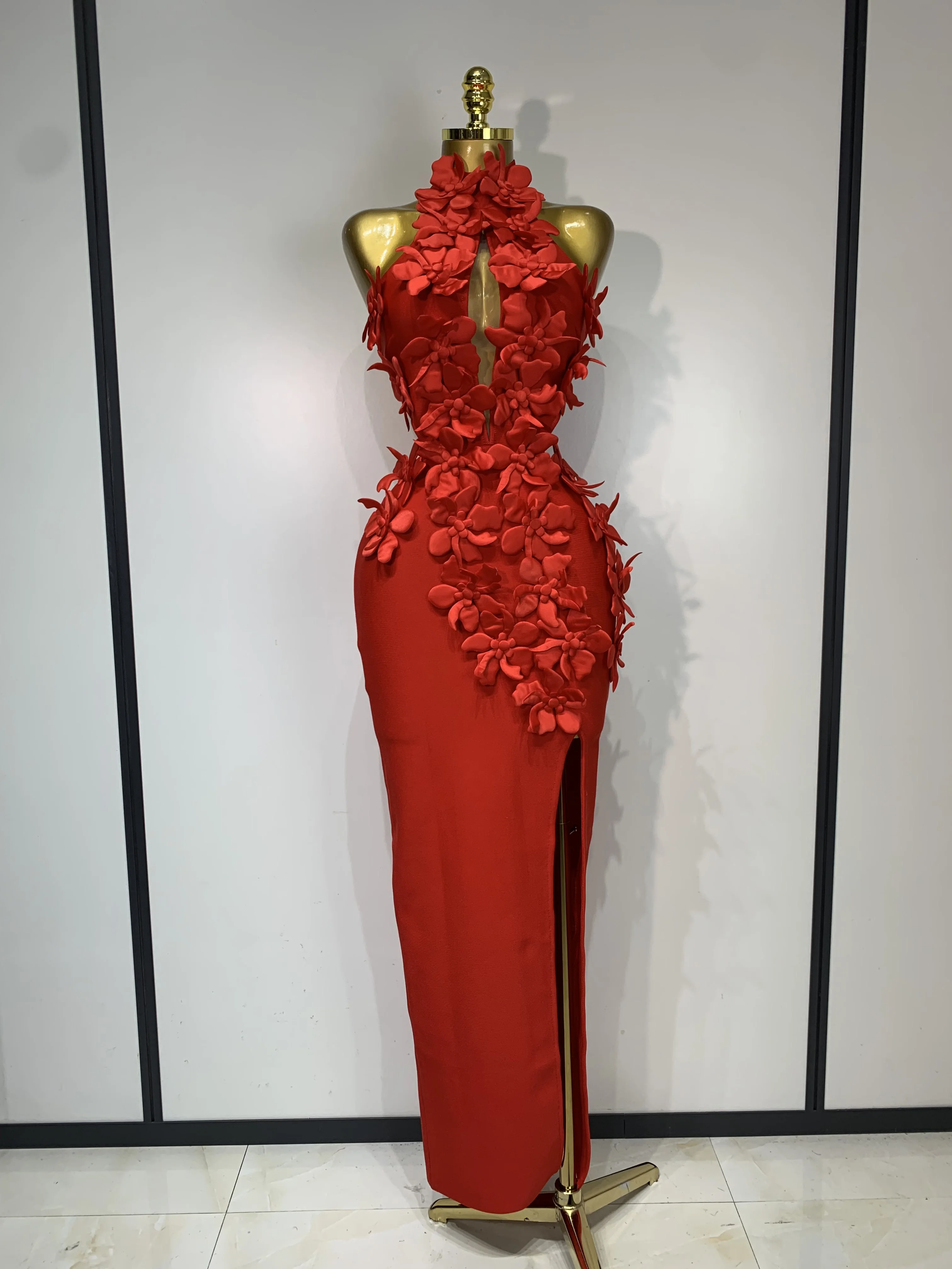 Women Sexy Sleeveless Flower Hollow Out Evening Party Bandage Dresses Red Knitted Bodycon Birthday Wedding Guest Clothing