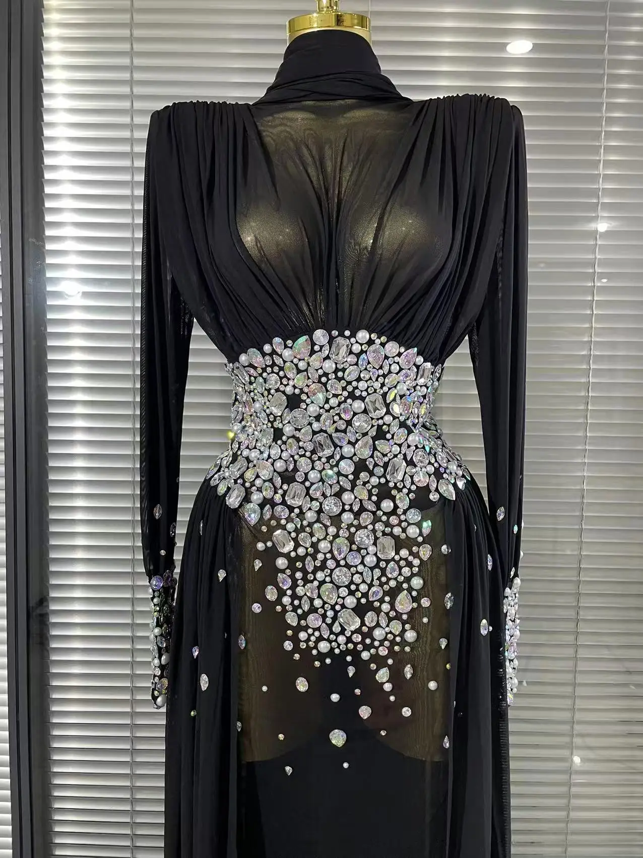 Elegant Rhinestones Long Dress for Women Sexy Mesh See Through Celebrate Evening Prom Birthday Dress Photo Shoot Wear