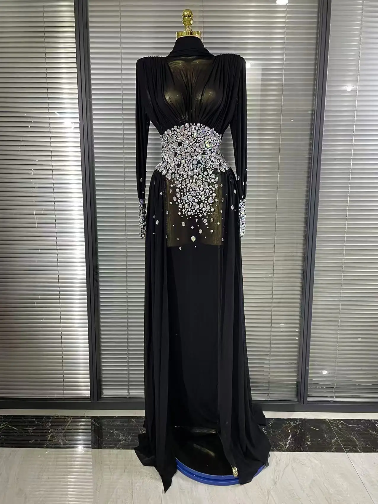 Elegant Rhinestones Long Dress for Women Sexy Mesh See Through Celebrate Evening Prom Birthday Dress Photo Shoot Wear