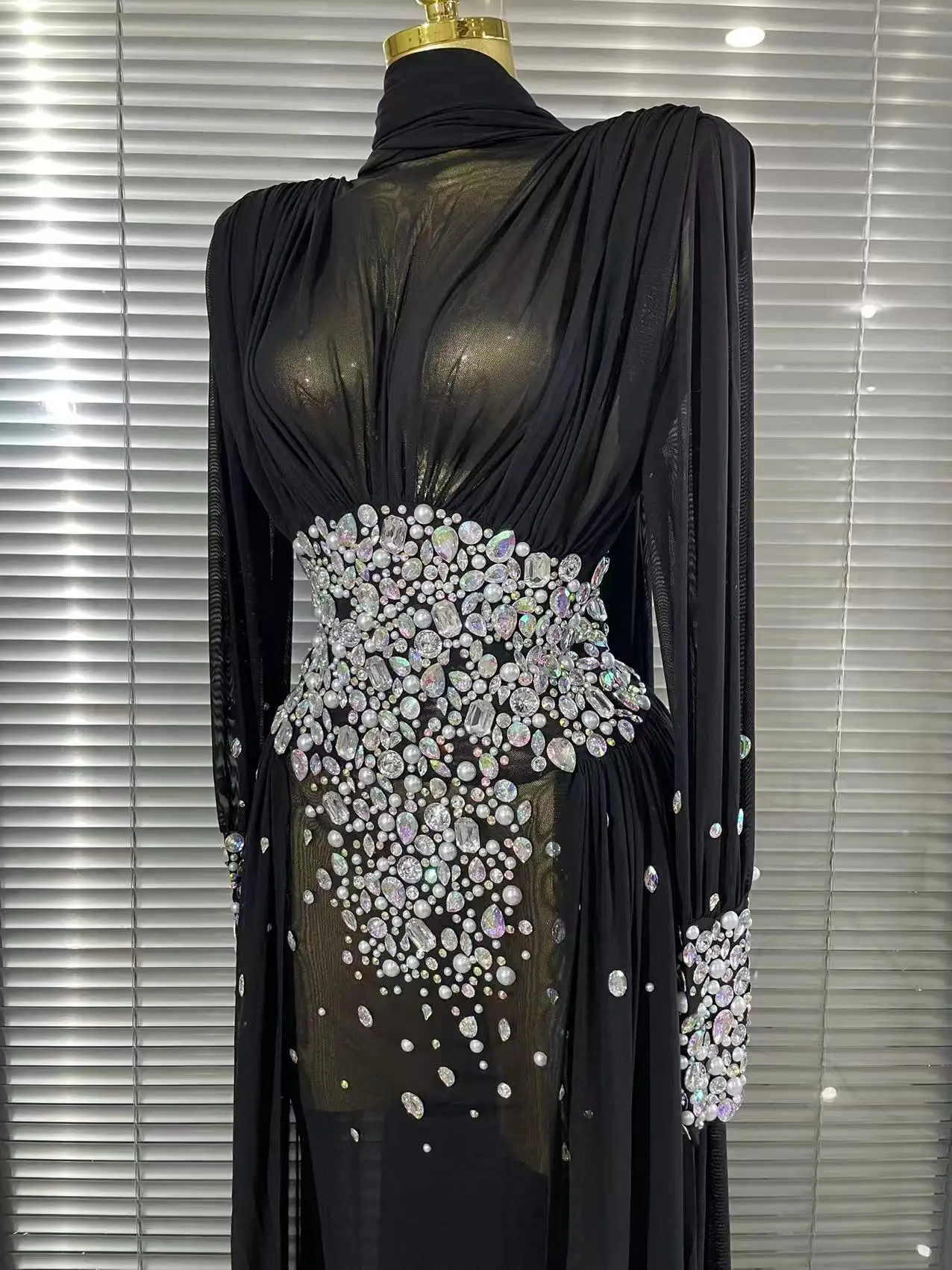 Elegant Rhinestones Long Dress for Women Sexy Mesh See Through Celebrate Evening Prom Birthday Dress Photo Shoot Wear