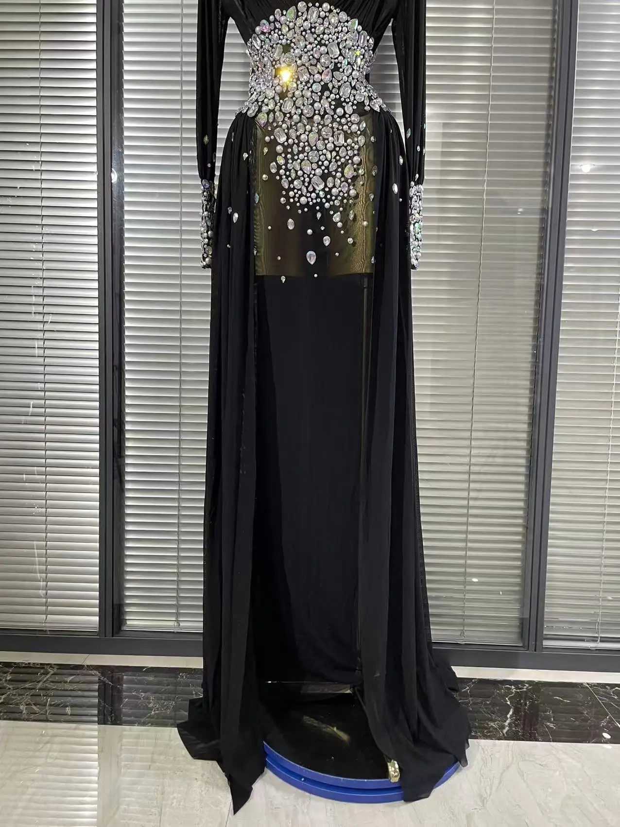 Elegant Rhinestones Long Dress for Women Sexy Mesh See Through Celebrate Evening Prom Birthday Dress Photo Shoot Wear