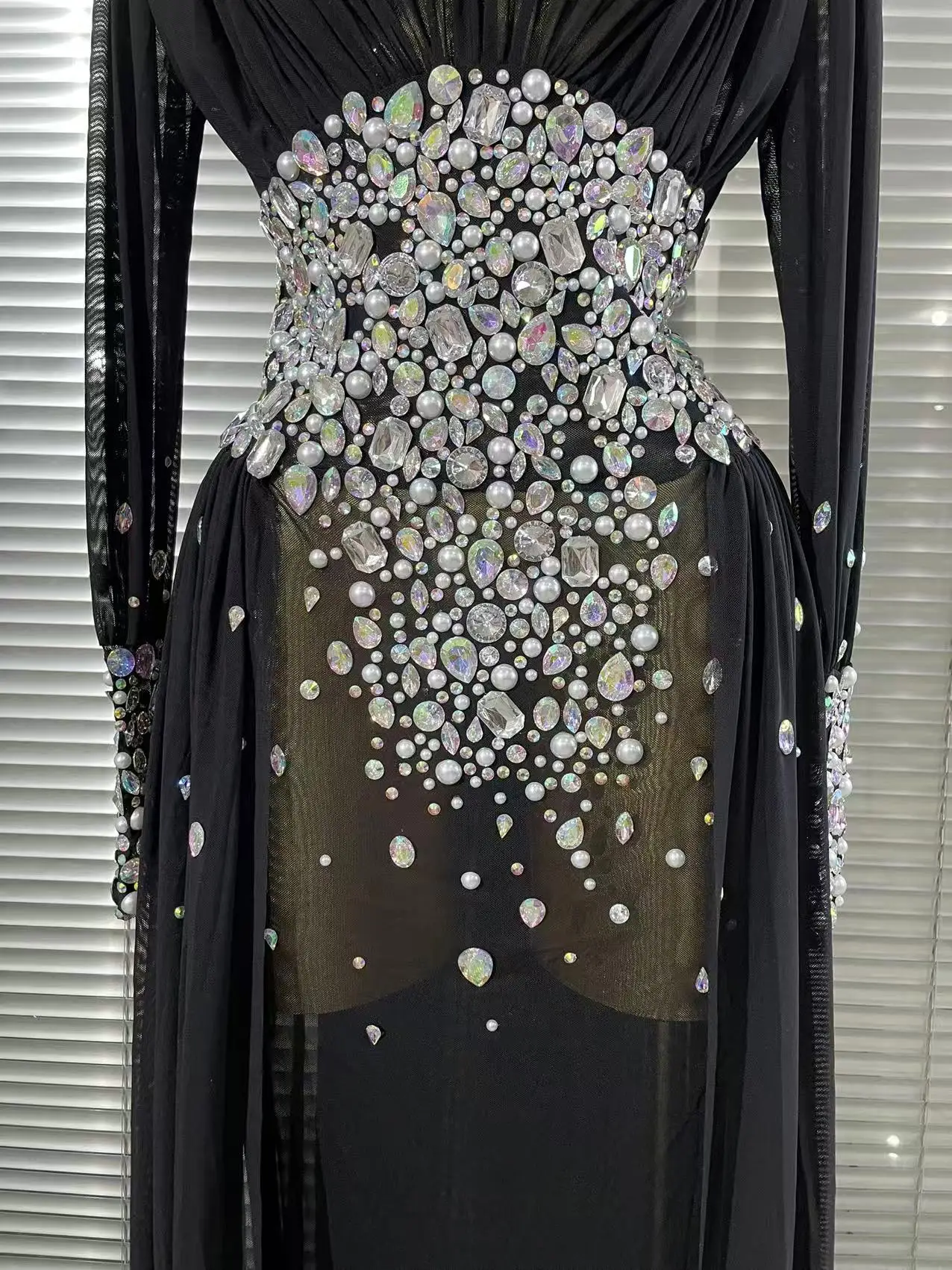 Elegant Rhinestones Long Dress for Women Sexy Mesh See Through Celebrate Evening Prom Birthday Dress Photo Shoot Wear