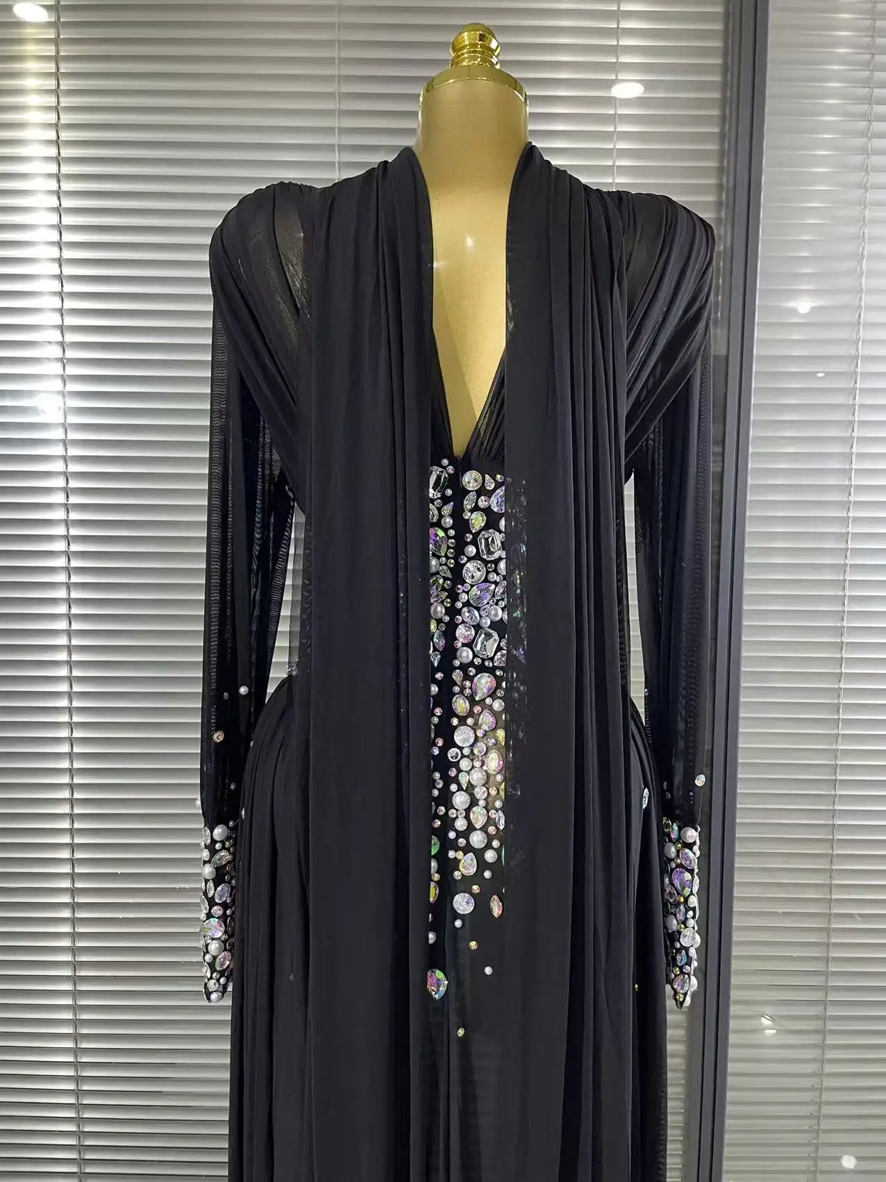 Elegant Rhinestones Long Dress for Women Sexy Mesh See Through Celebrate Evening Prom Birthday Dress Photo Shoot Wear