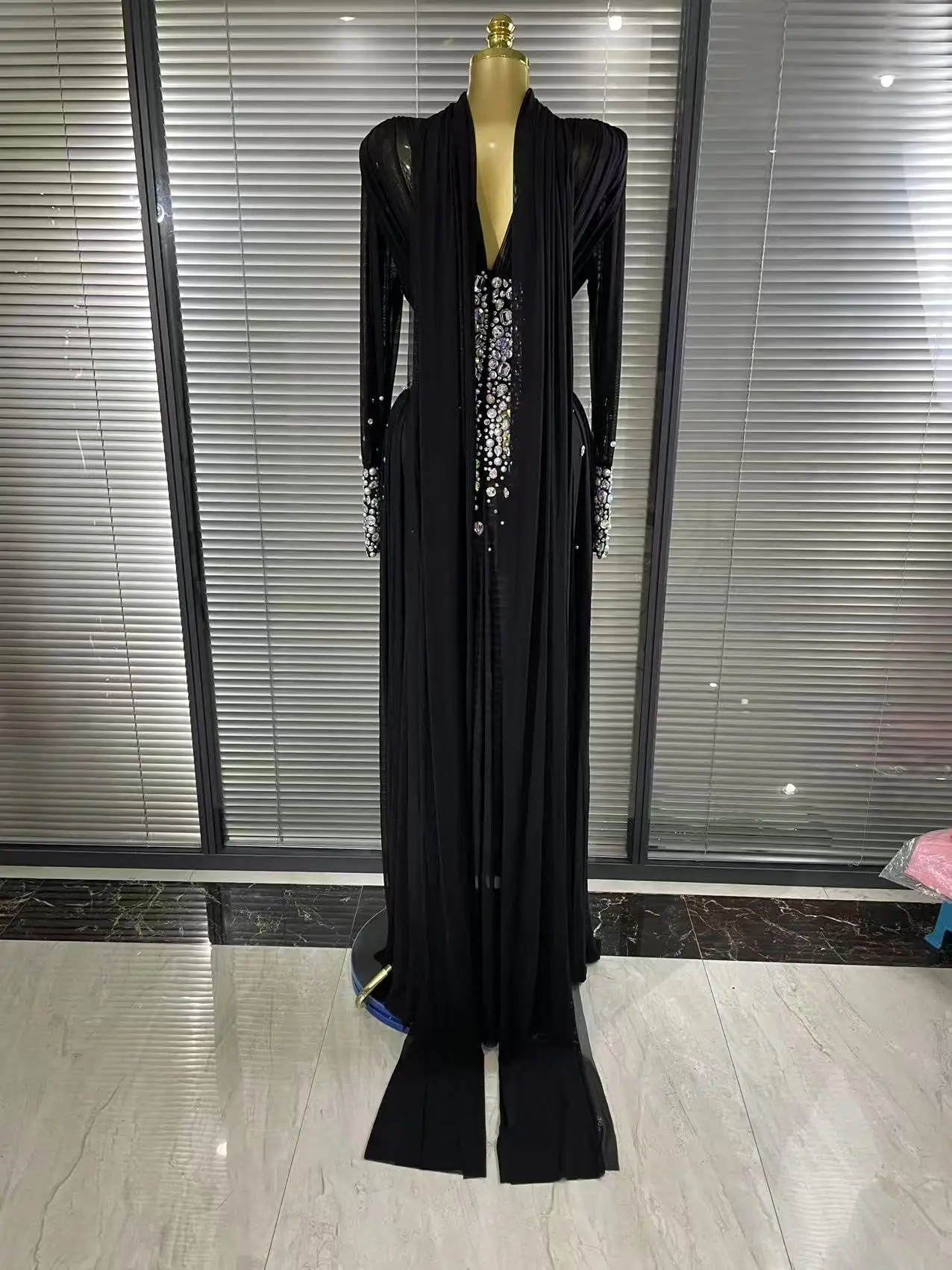 Elegant Rhinestones Long Dress for Women Sexy Mesh See Through Celebrate Evening Prom Birthday Dress Photo Shoot Wear