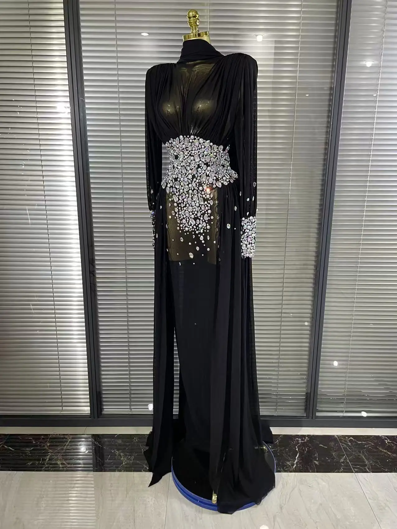 Elegant Rhinestones Long Dress for Women Sexy Mesh See Through Celebrate Evening Prom Birthday Dress Photo Shoot Wear