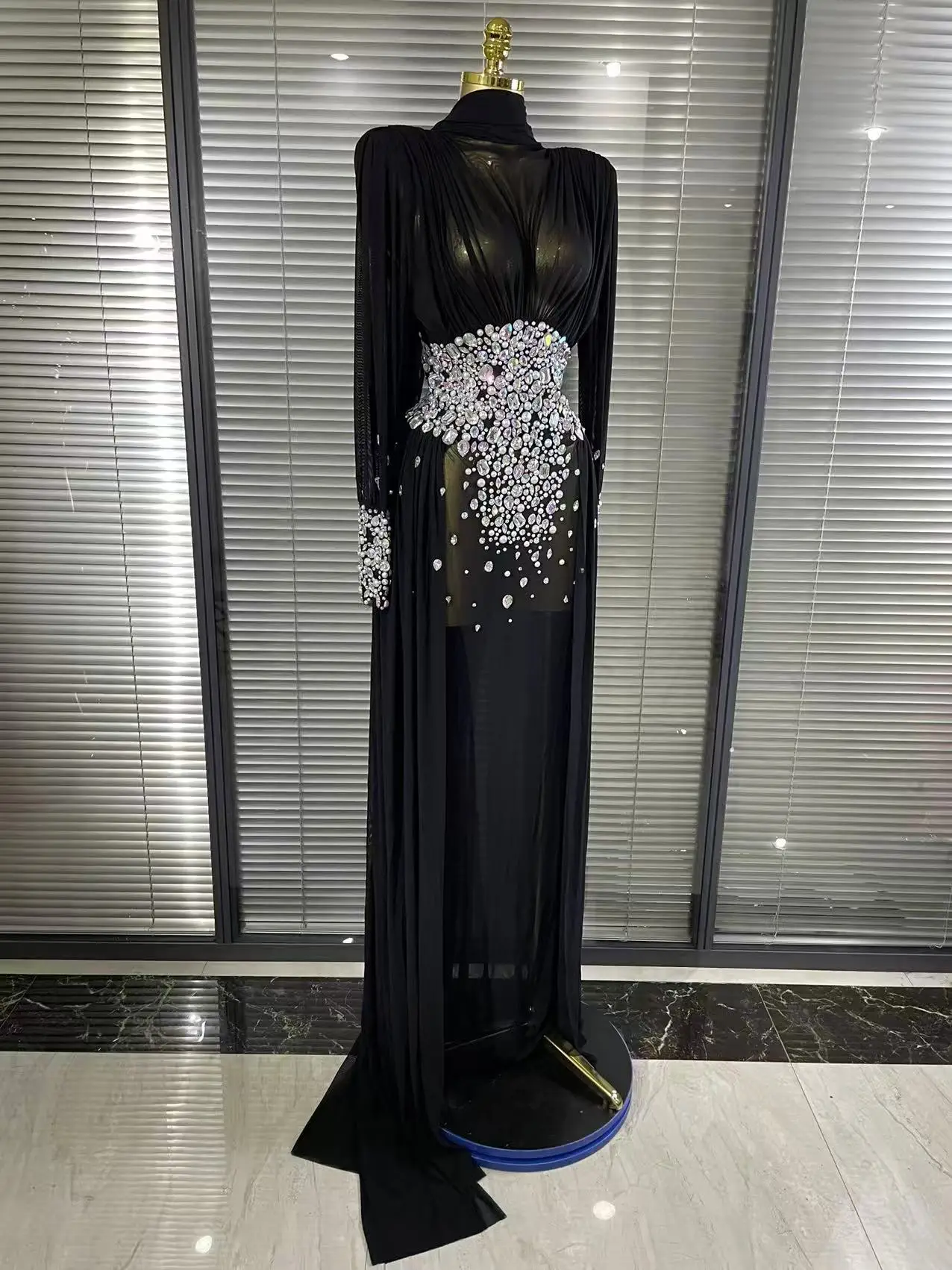 Elegant Rhinestones Long Dress for Women Sexy Mesh See Through Celebrate Evening Prom Birthday Dress Photo Shoot Wear