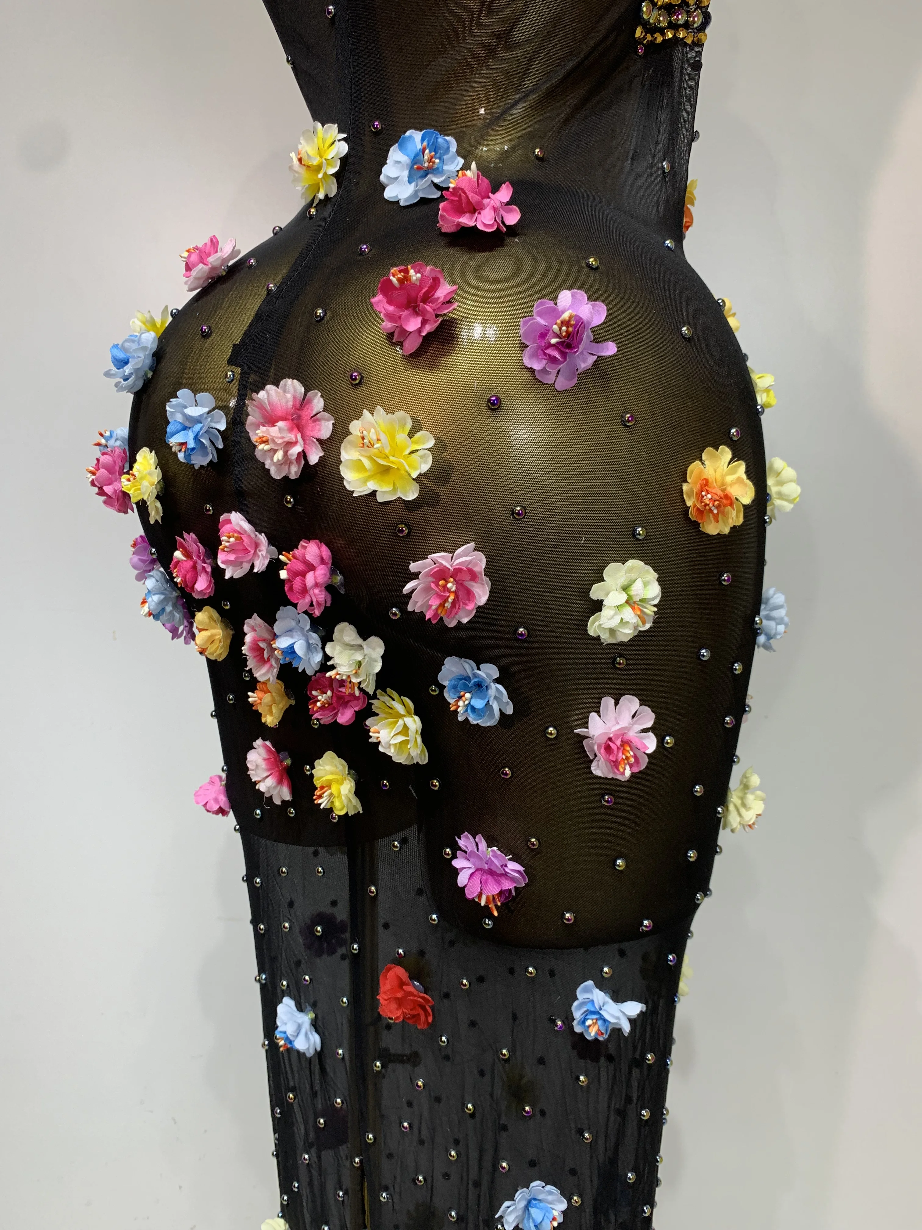 Luxury Rhinestones Flowers Sexy See Through Long Dress 2025 Elegant Evening Party Birthday Wedding Guest Dress Club Stage Outfit