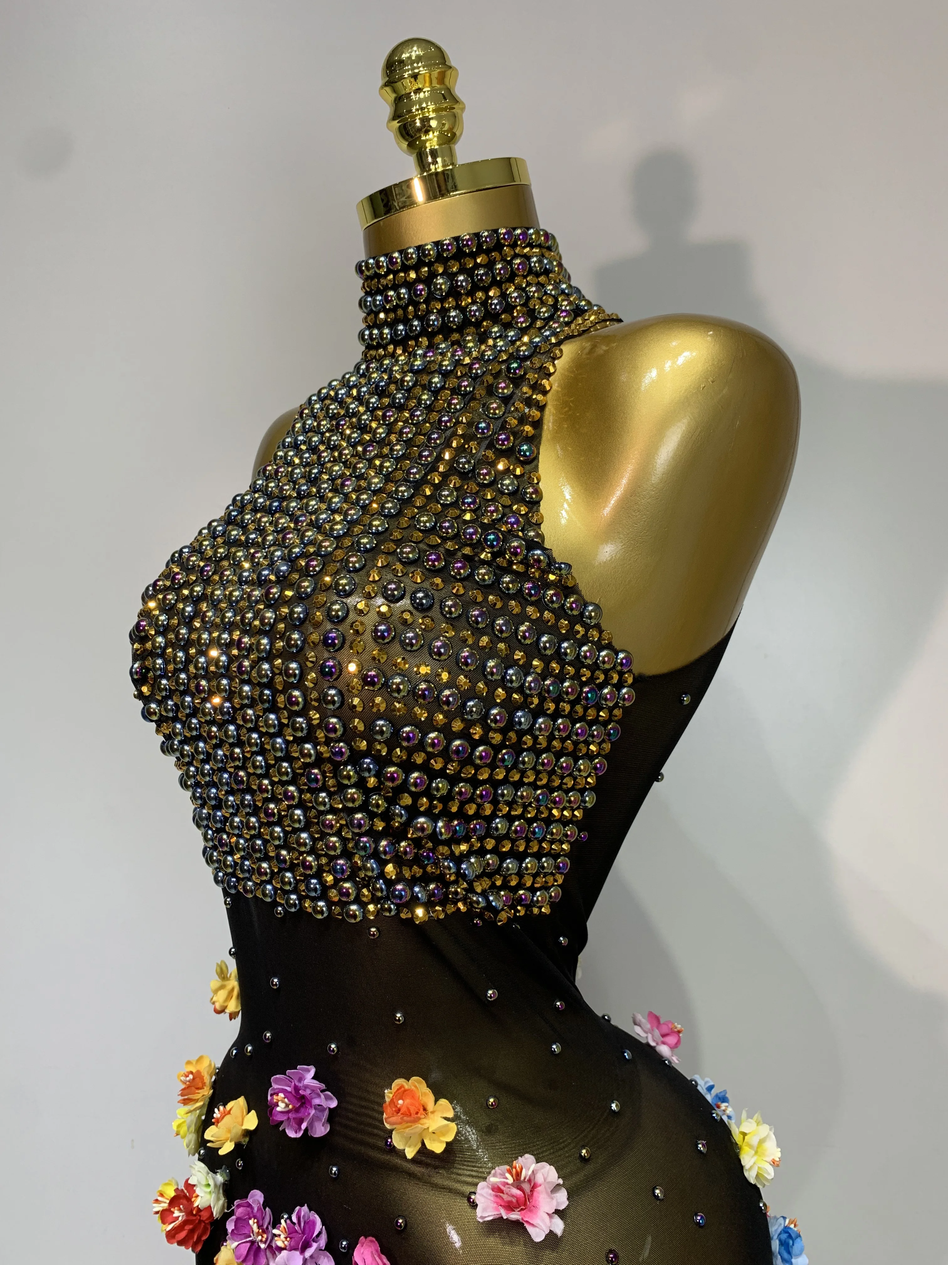 Luxury Rhinestones Flowers Sexy See Through Long Dress 2025 Elegant Evening Party Birthday Wedding Guest Dress Club Stage Outfit