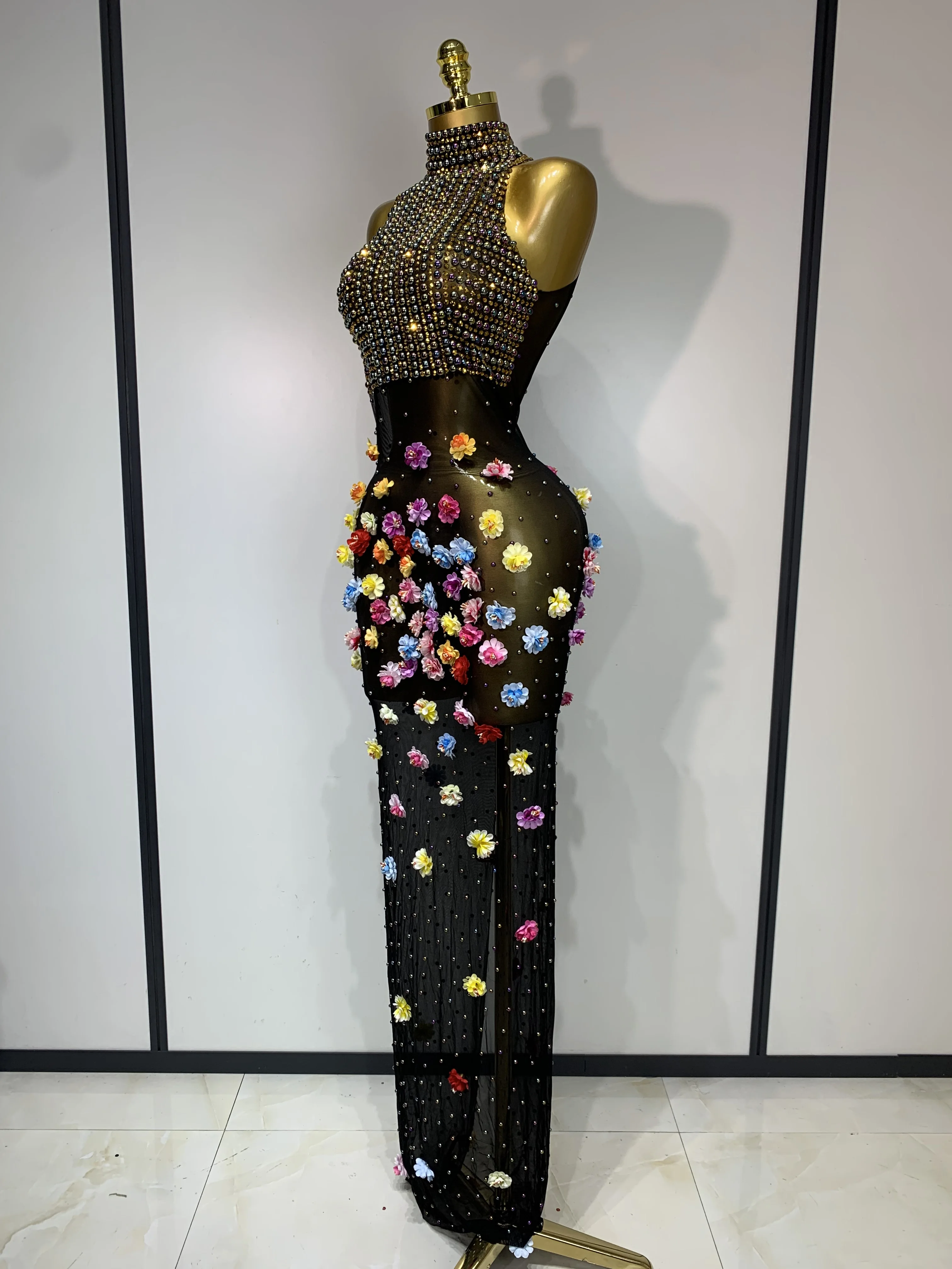 Luxury Rhinestones Flowers Sexy See Through Long Dress 2025 Elegant Evening Party Birthday Wedding Guest Dress Club Stage Outfit