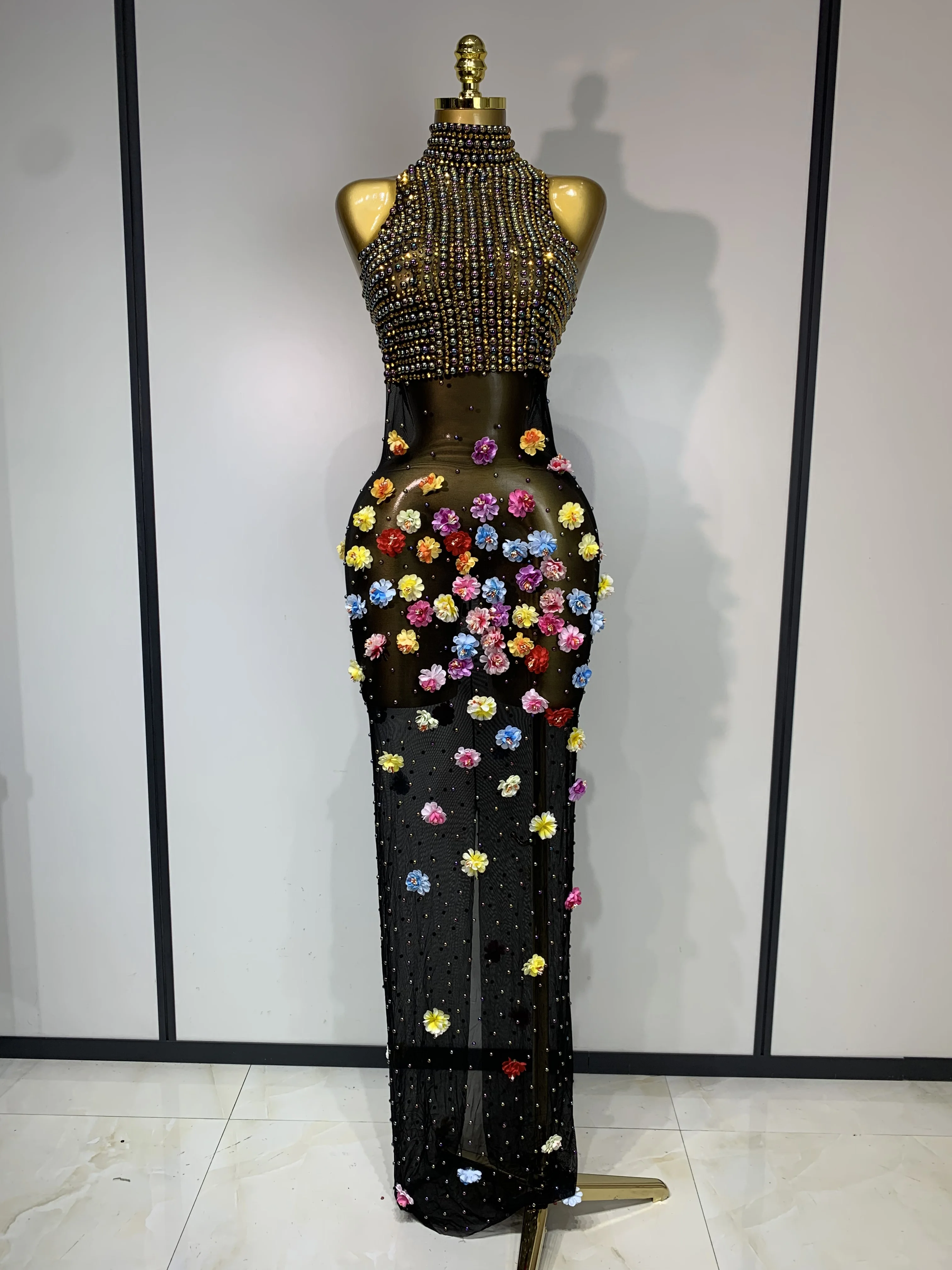 Luxury Rhinestones Flowers Sexy See Through Long Dress 2025 Elegant Evening Party Birthday Wedding Guest Dress Club Stage Outfit
