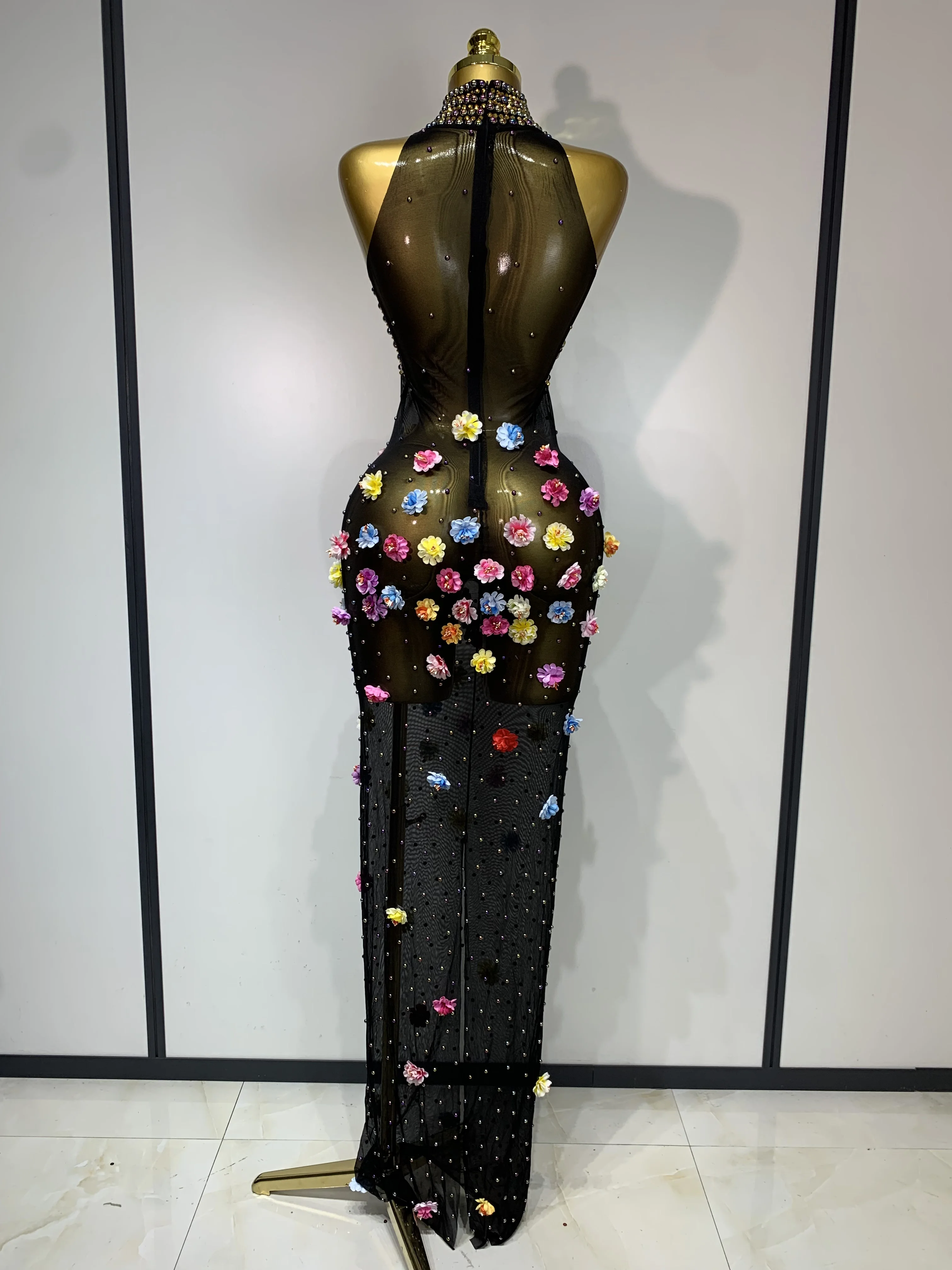 Luxury Rhinestones Flowers Sexy See Through Long Dress 2025 Elegant Evening Party Birthday Wedding Guest Dress Club Stage Outfit