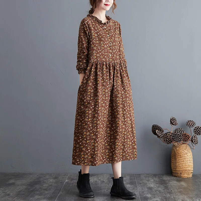 long sleeve cotton linen ruffle vintage floral new in dresses for women casual loose spring autumn dress elegant clothing 2026