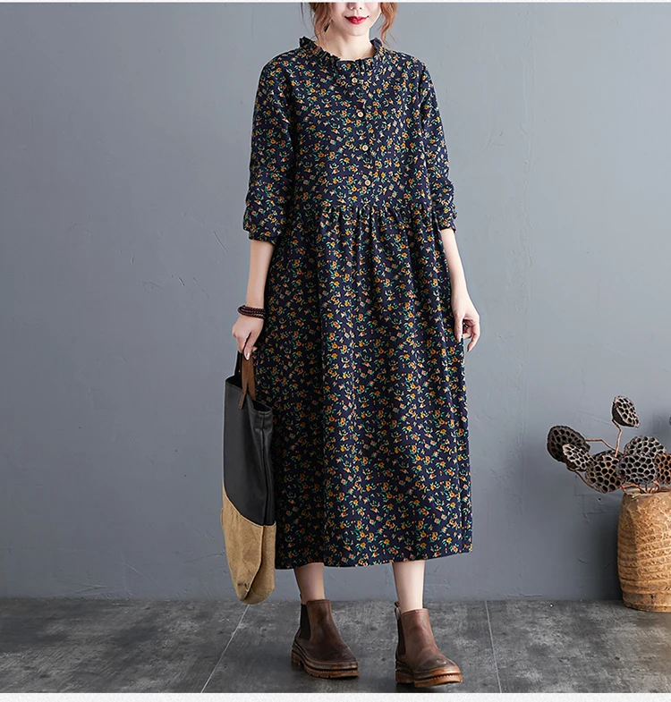 long sleeve cotton linen ruffle vintage floral new in dresses for women casual loose spring autumn dress elegant clothing 2026