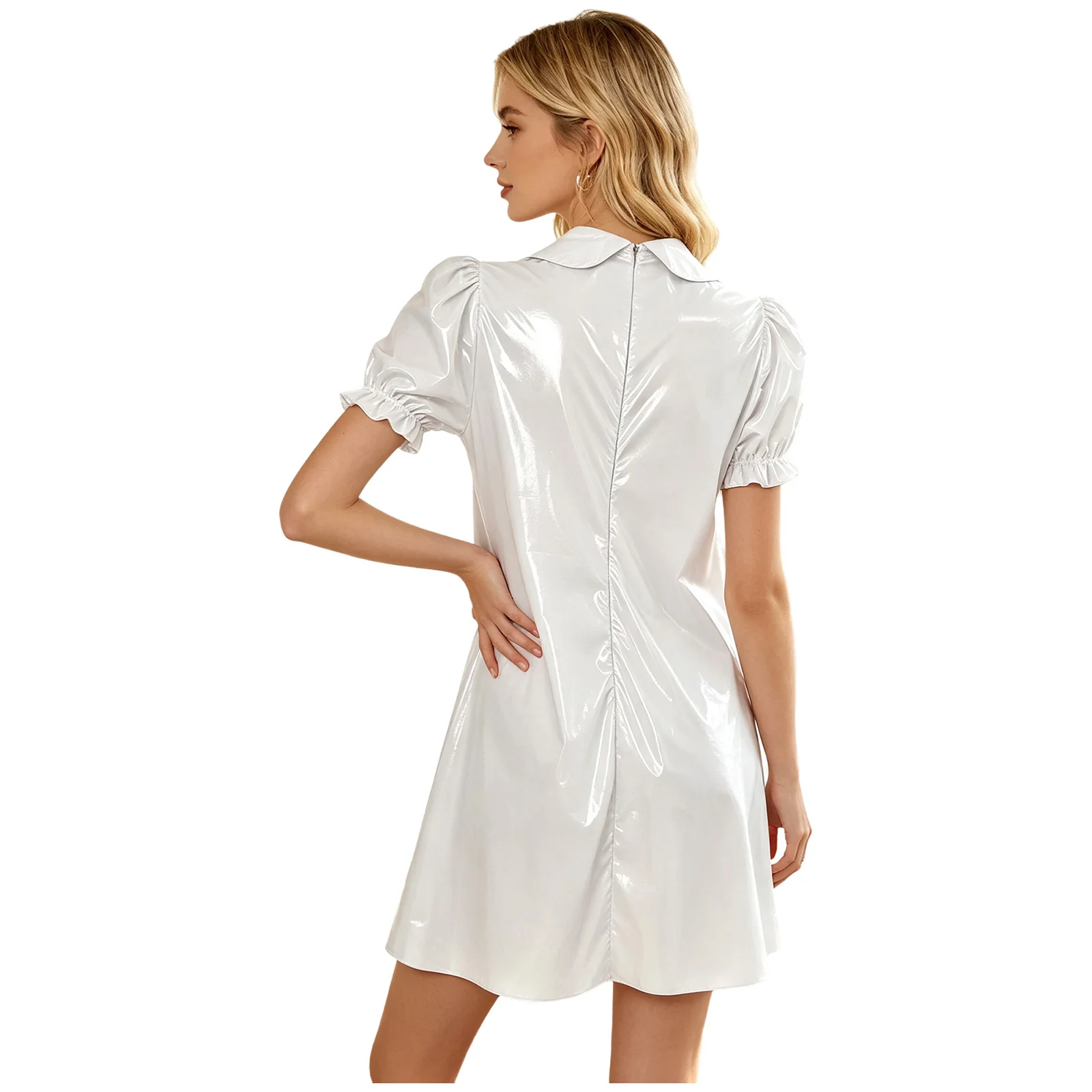 Womens Waterproof Vinyl Sleep Dress Puff Short Sleeve Empire Waist Lapel Dress Nightgown for Regency Victorian Cosplay Party
