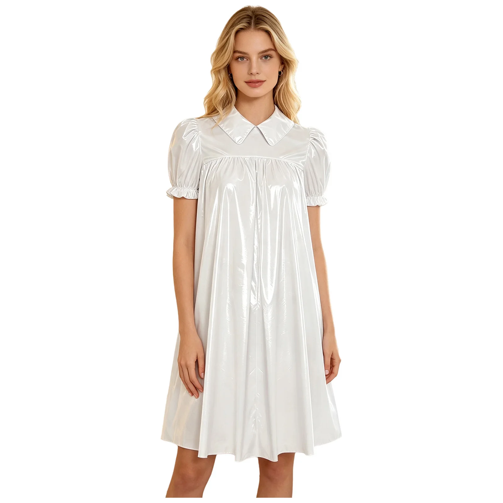 Womens Waterproof Vinyl Sleep Dress Puff Short Sleeve Empire Waist Lapel Dress Nightgown for Regency Victorian Cosplay Party