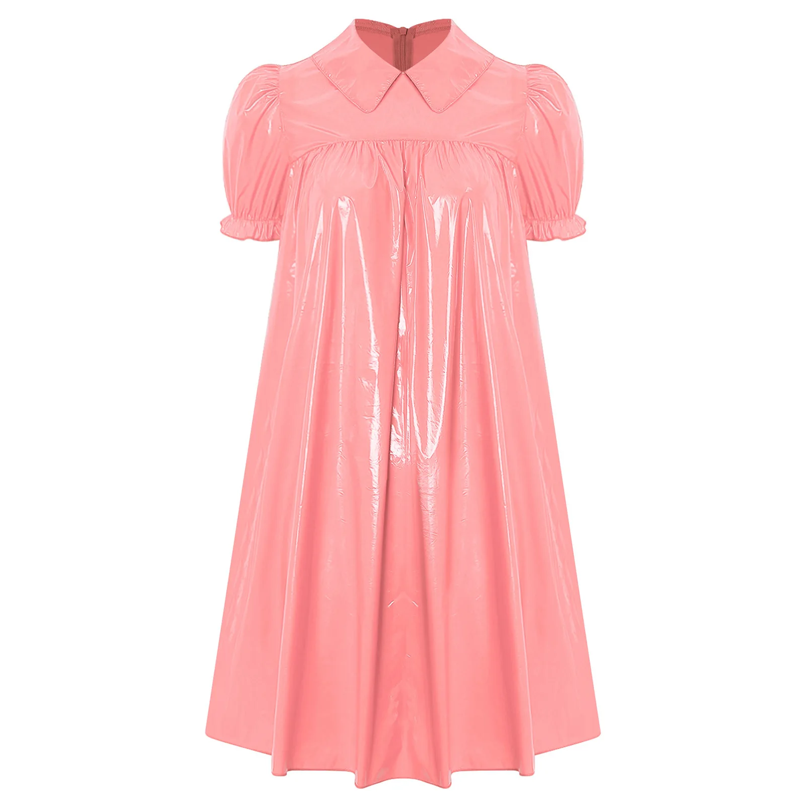 Womens Waterproof Vinyl Sleep Dress Puff Short Sleeve Empire Waist Lapel Dress Nightgown for Regency Victorian Cosplay Party