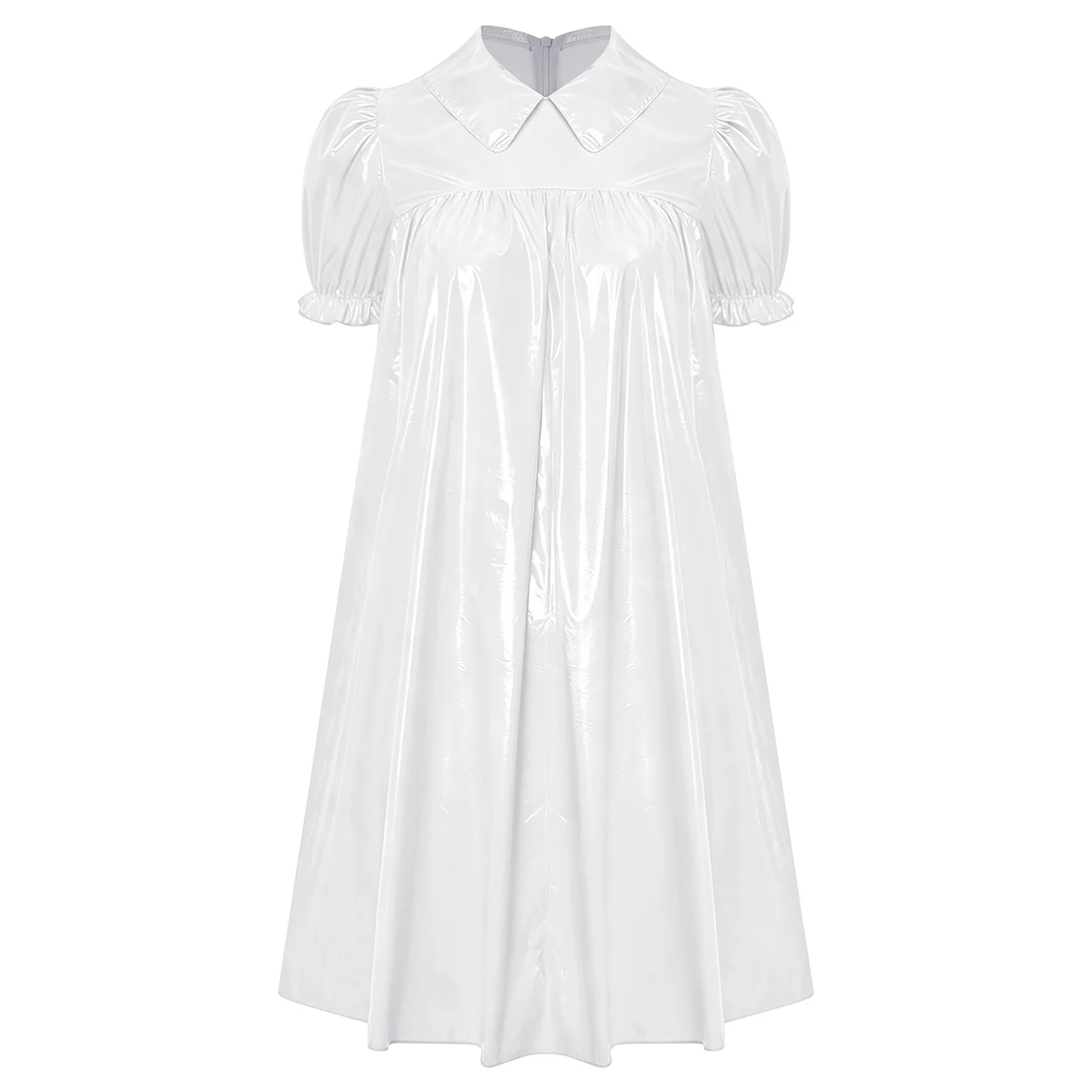 Womens Waterproof Vinyl Sleep Dress Puff Short Sleeve Empire Waist Lapel Dress Nightgown for Regency Victorian Cosplay Party