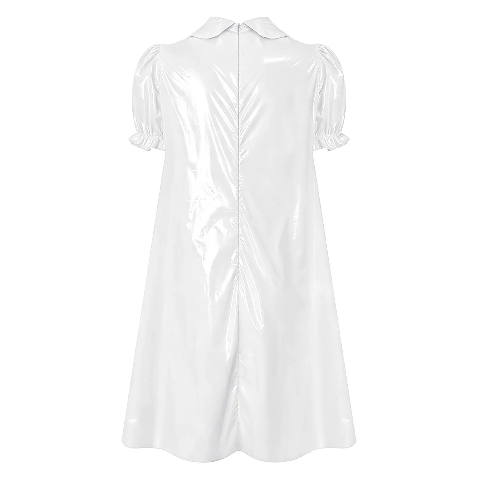 Womens Waterproof Vinyl Sleep Dress Puff Short Sleeve Empire Waist Lapel Dress Nightgown for Regency Victorian Cosplay Party