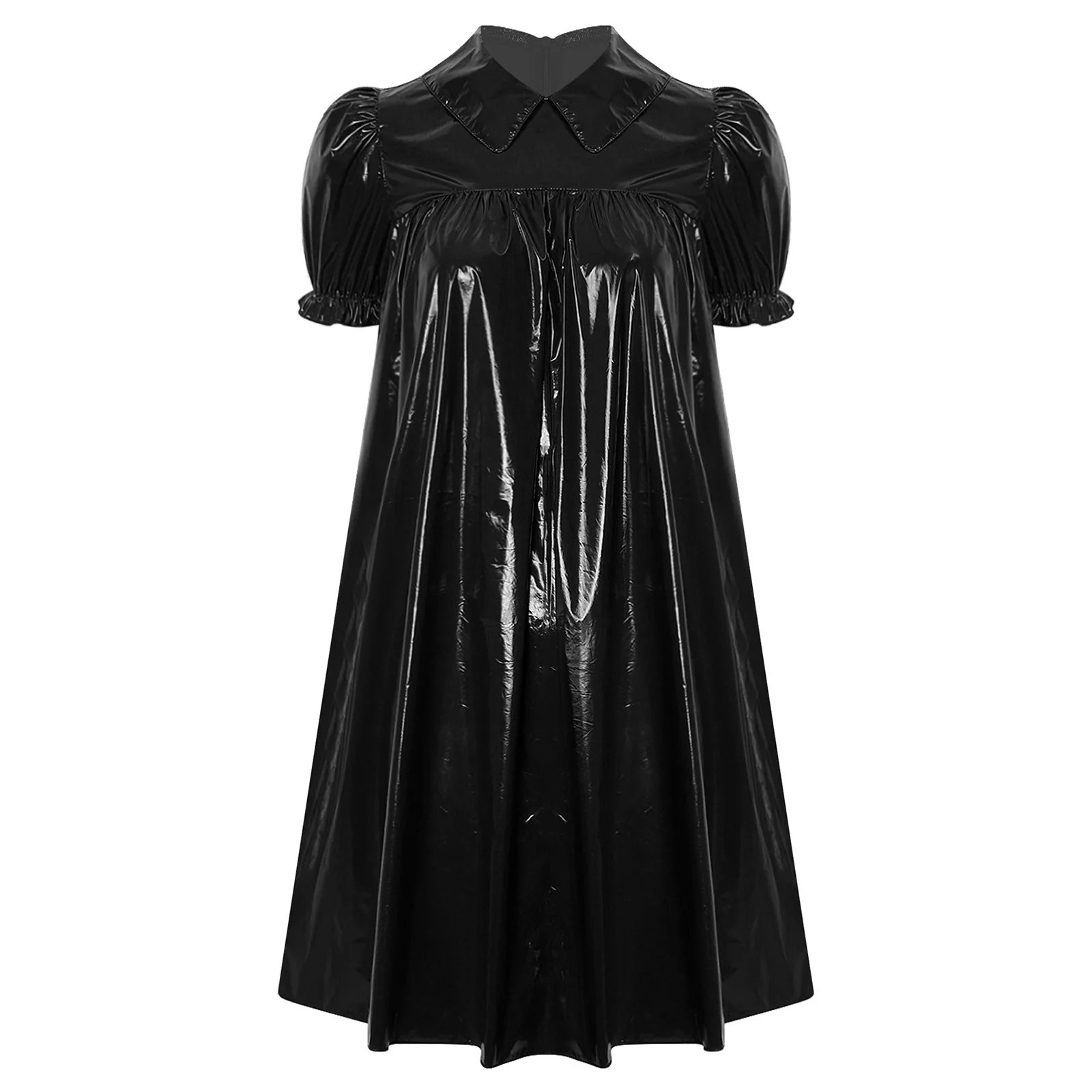 Womens Waterproof Vinyl Sleep Dress Puff Short Sleeve Empire Waist Lapel Dress Nightgown for Regency Victorian Cosplay Party
