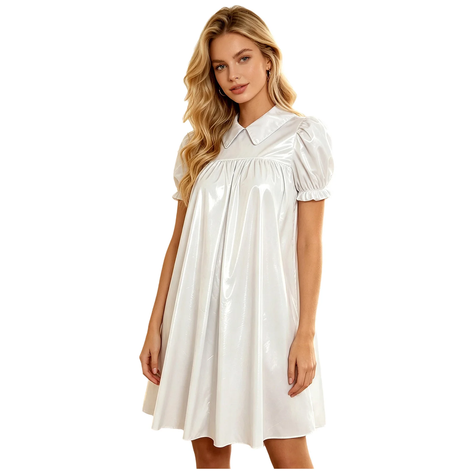 Womens Waterproof Vinyl Sleep Dress Puff Short Sleeve Empire Waist Lapel Dress Nightgown for Regency Victorian Cosplay Party
