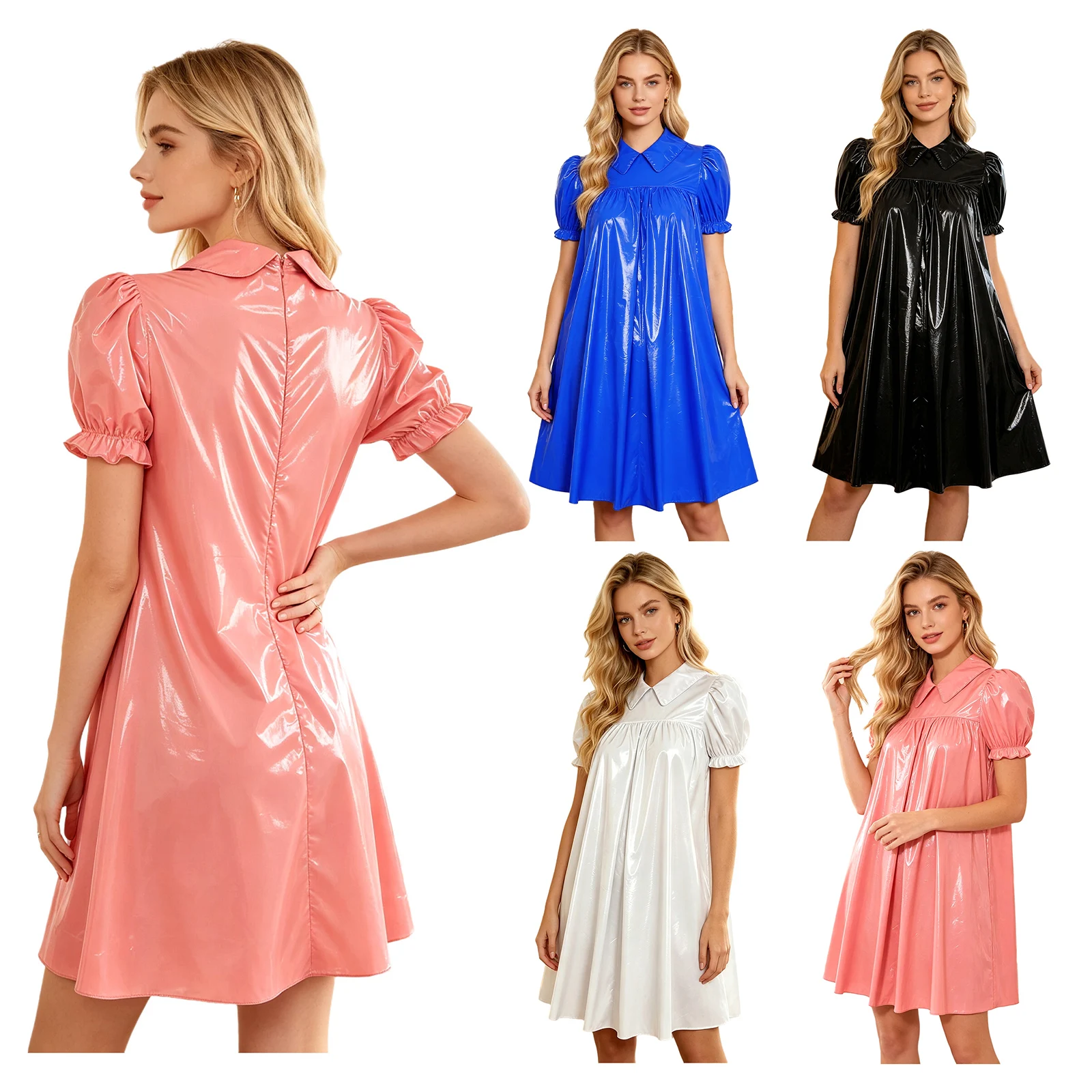 Womens Waterproof Vinyl Sleep Dress Puff Short Sleeve Empire Waist Lapel Dress Nightgown for Regency Victorian Cosplay Party