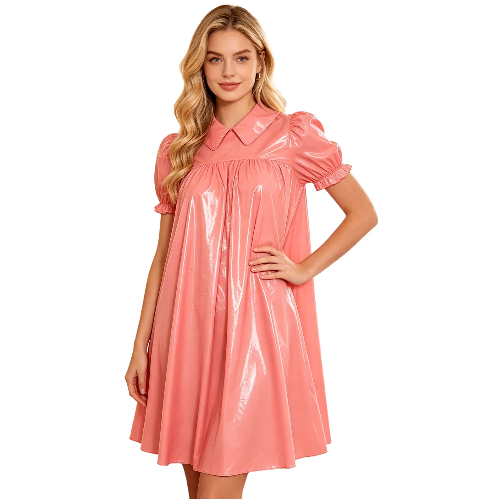 Womens Waterproof Vinyl Sleep Dress Puff Short Sleeve Empire Waist Lapel Dress Nightgown for Regency Victorian Cosplay Party