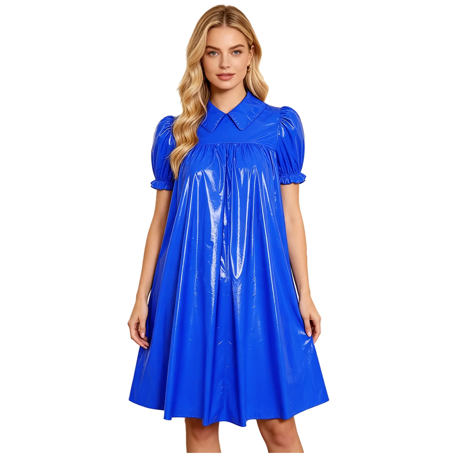 Womens Waterproof Vinyl Sleep Dress Puff Short Sleeve Empire Waist Lapel Dress Nightgown for Regency Victorian Cosplay Party