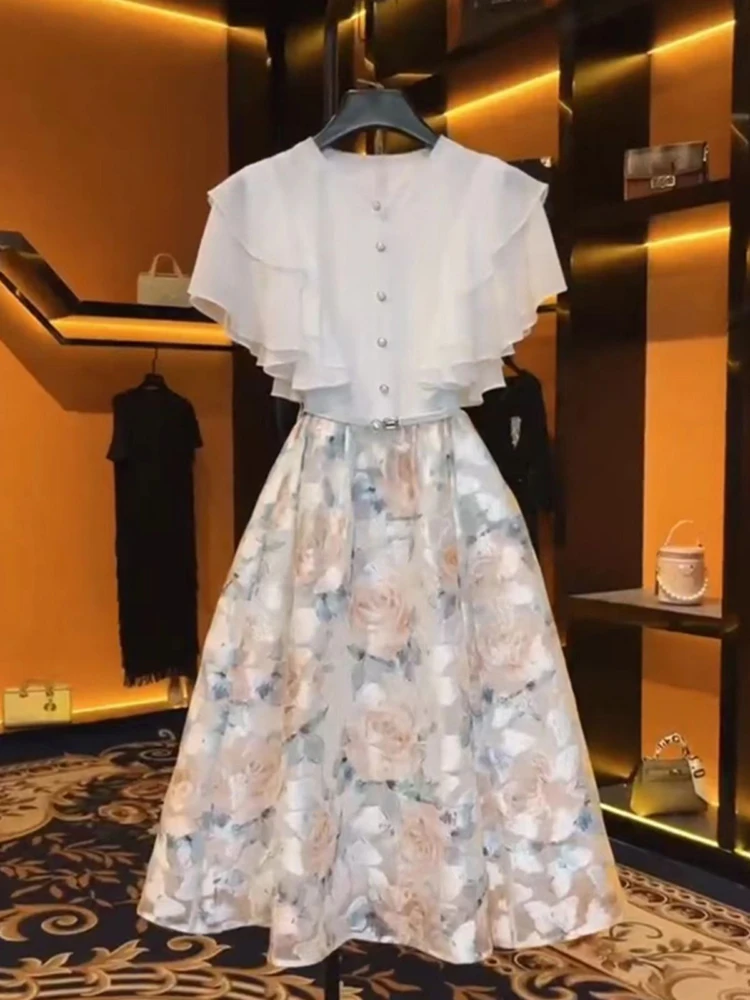 French Fashion Luxury Tulle Dress Female Summer New High-Grade Sense Stitching Embroidery Temperament Lotus Leaf Sleeve Skirt