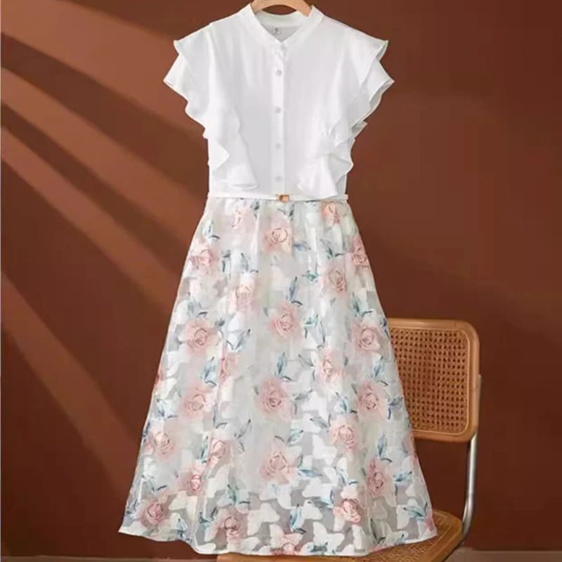 French Fashion Luxury Tulle Dress Female Summer New High-Grade Sense Stitching Embroidery Temperament Lotus Leaf Sleeve Skirt