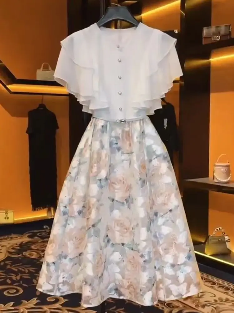French Fashion Luxury Tulle Dress Female Summer New High-Grade Sense Stitching Embroidery Temperament Lotus Leaf Sleeve Skirt