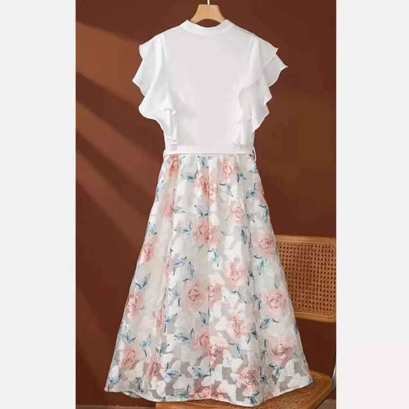 French Fashion Luxury Tulle Dress Female Summer New High-Grade Sense Stitching Embroidery Temperament Lotus Leaf Sleeve Skirt