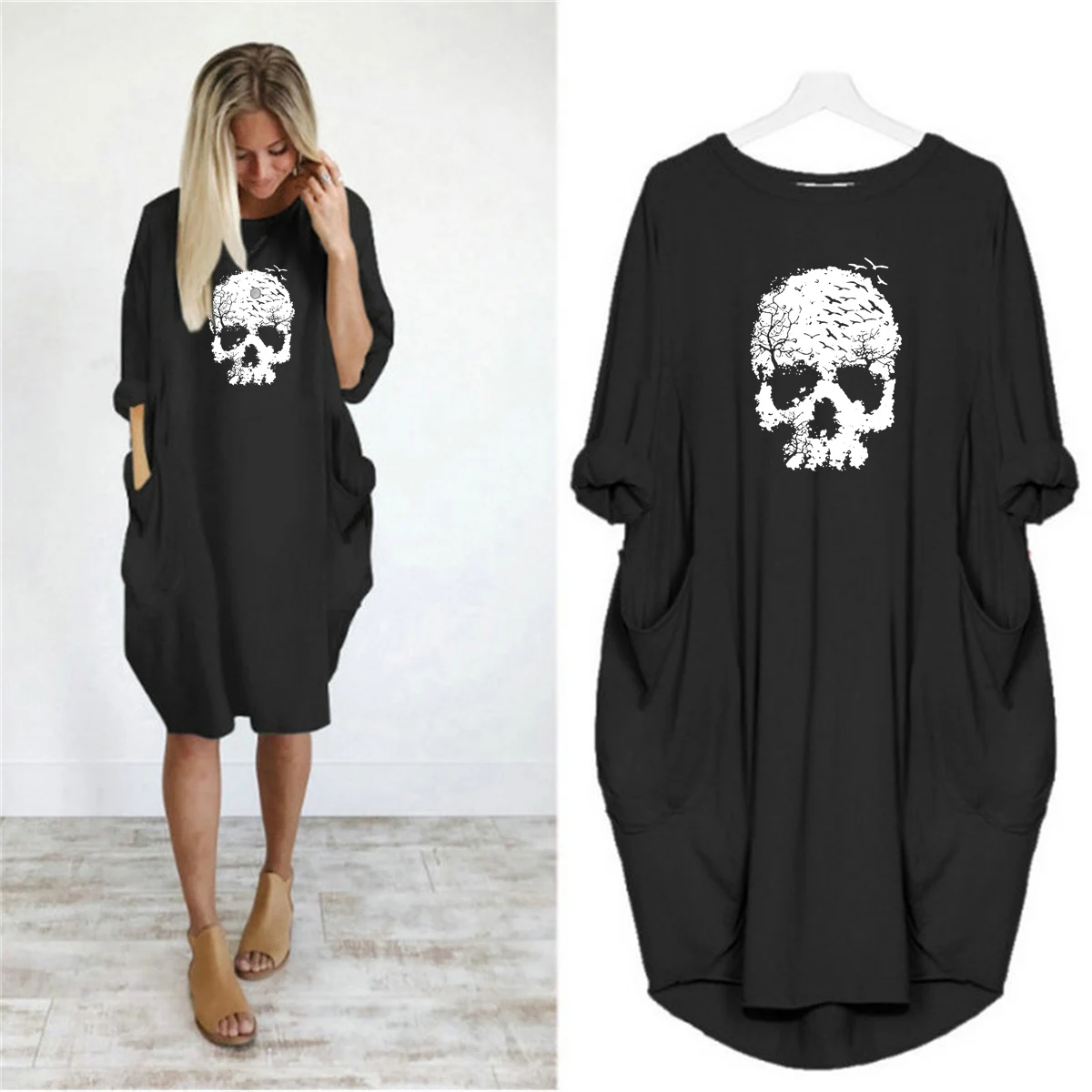 Women's Summer Loose Skull Print Round Neck Long Sleeve Pocket Comfortable Casual P lus Size Dress ashion Streetwear Oversized